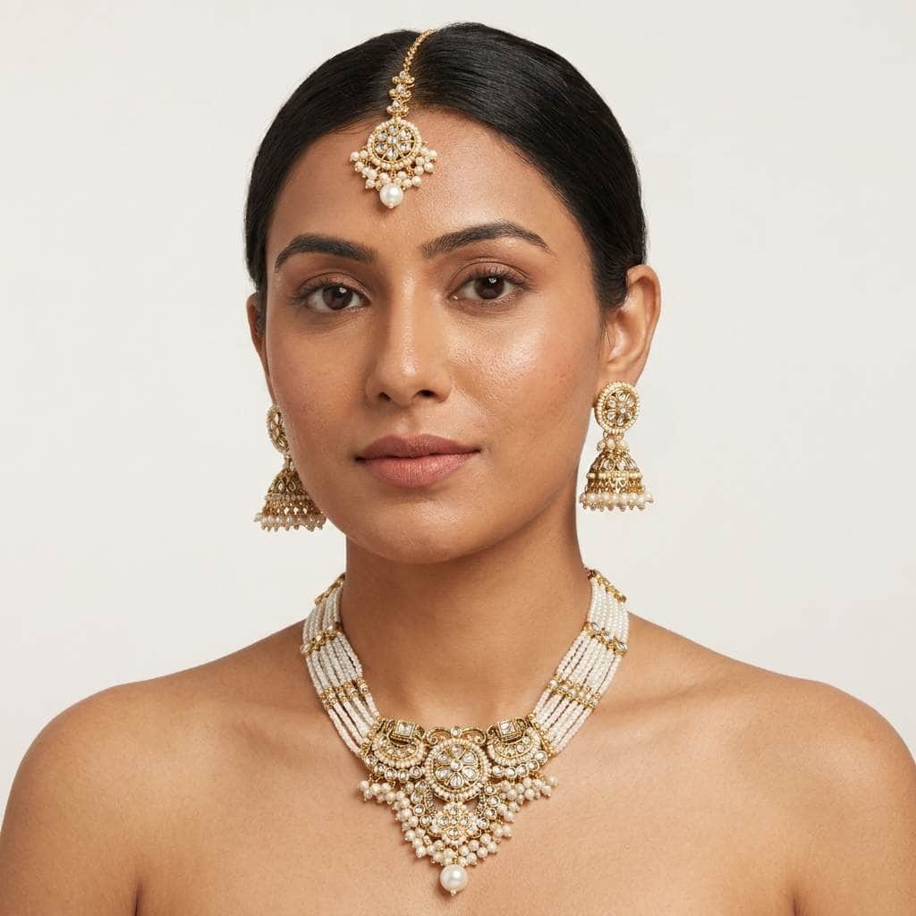Mataari Necklaces Pearl Kundan Antique Gold Polki Emerald Beaded Bridal Necklace with Maang Tikka
