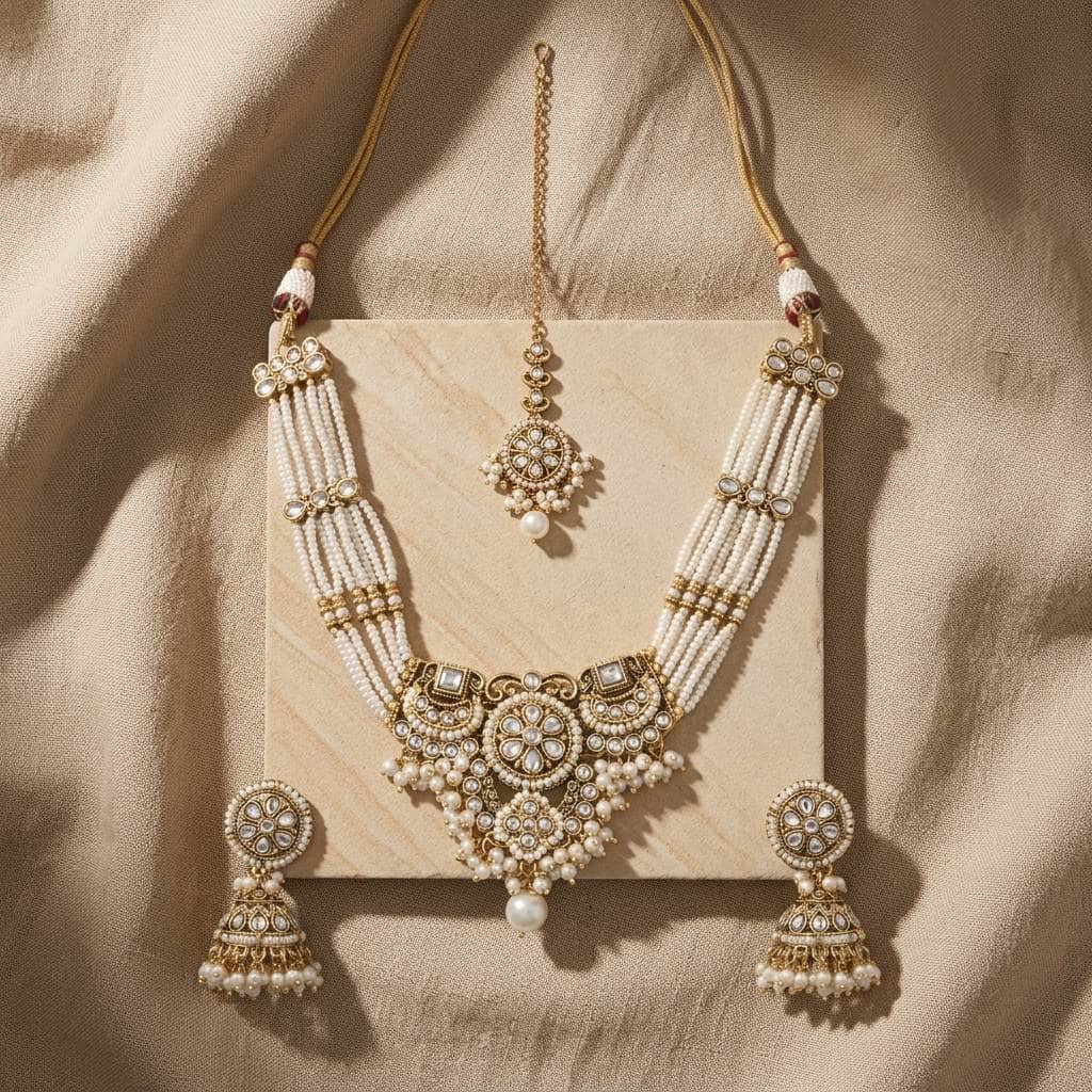 Mataari Necklaces Pearl Kundan Antique Gold Polki Emerald Beaded Bridal Necklace with Maang Tikka