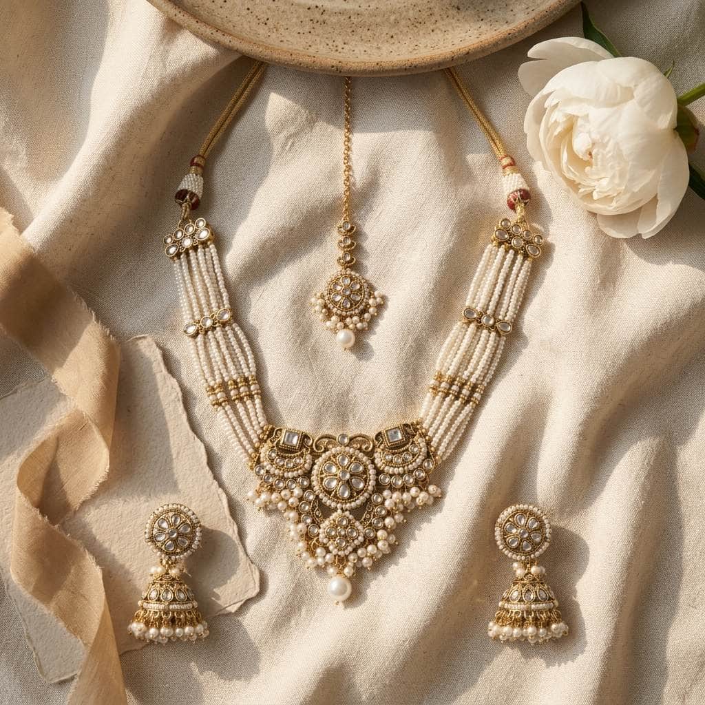 Mataari Necklaces Pearl Kundan Antique Gold Polki Emerald Beaded Bridal Necklace with Maang Tikka