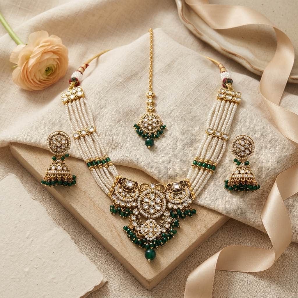 Mataari Necklaces Pearl Kundan Antique Gold Polki Emerald Beaded Bridal Necklace with Maang Tikka