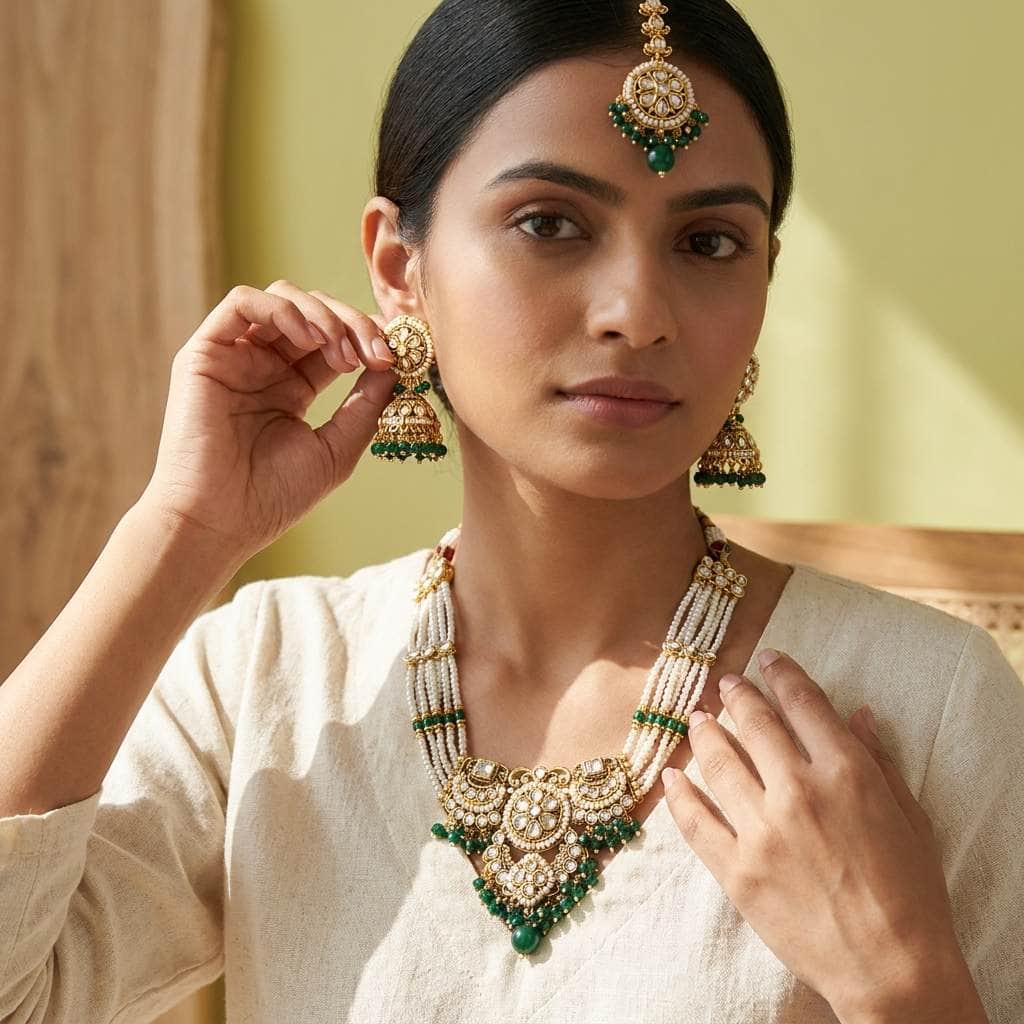 Mataari Necklaces Pearl Kundan Antique Gold Polki Emerald Beaded Bridal Necklace with Maang Tikka
