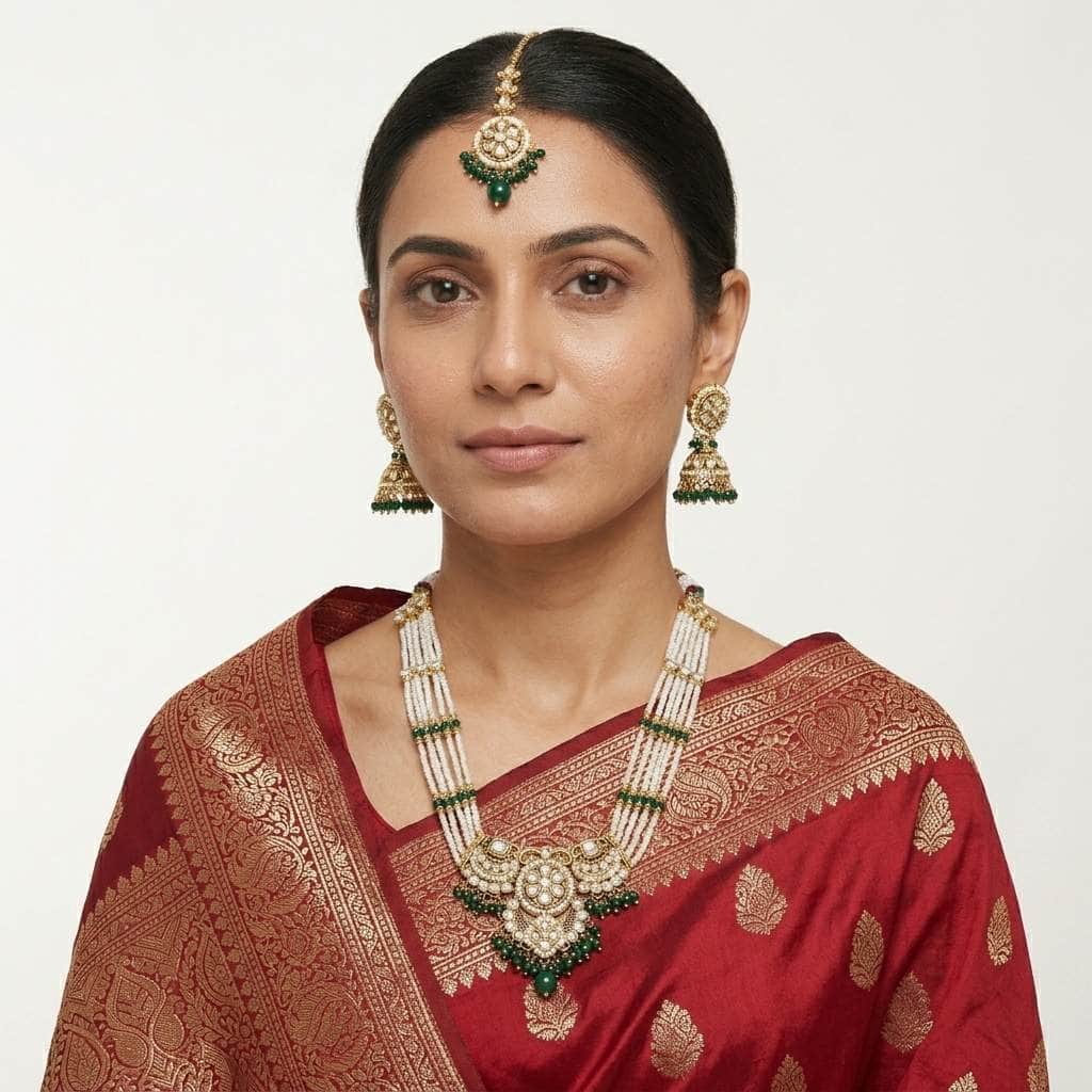 Mataari Necklaces Pearl Kundan Antique Gold Polki Emerald Beaded Bridal Necklace with Maang Tikka
