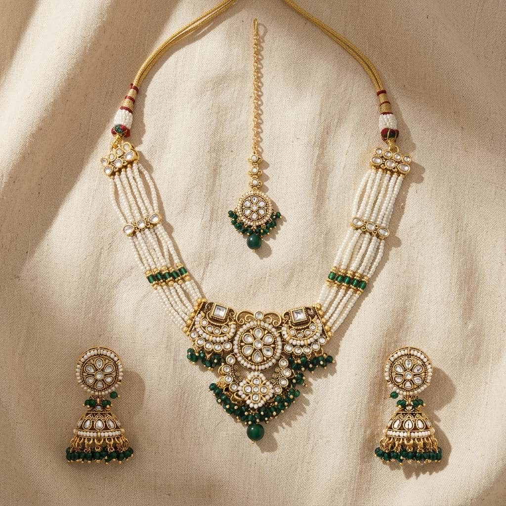 Mataari Necklaces Pearl Kundan Antique Gold Polki Emerald Beaded Bridal Necklace with Maang Tikka