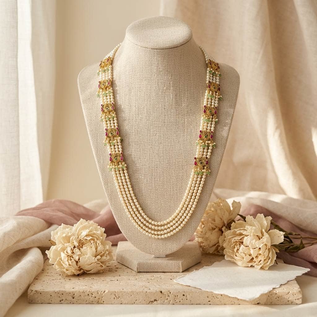 Mataari Necklaces Pearl Layered Peacock Antique Gold Wedding Necklace with Ruby & Emerald Accents