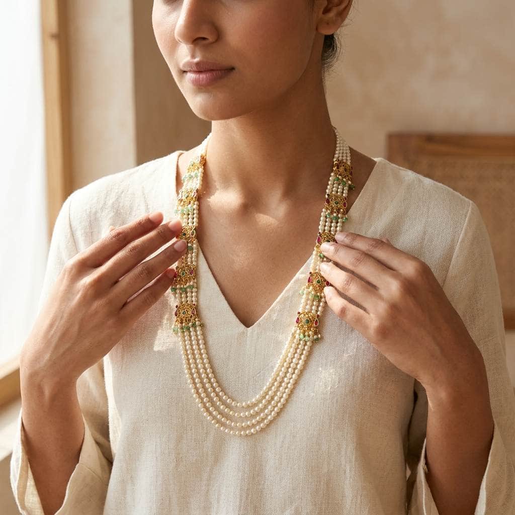 Mataari Necklaces Pearl Layered Peacock Antique Gold Wedding Necklace with Ruby & Emerald Accents