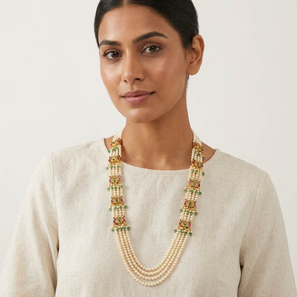 Mataari Necklaces Pearl Layered Peacock Antique Gold Wedding Necklace with Ruby & Emerald Accents