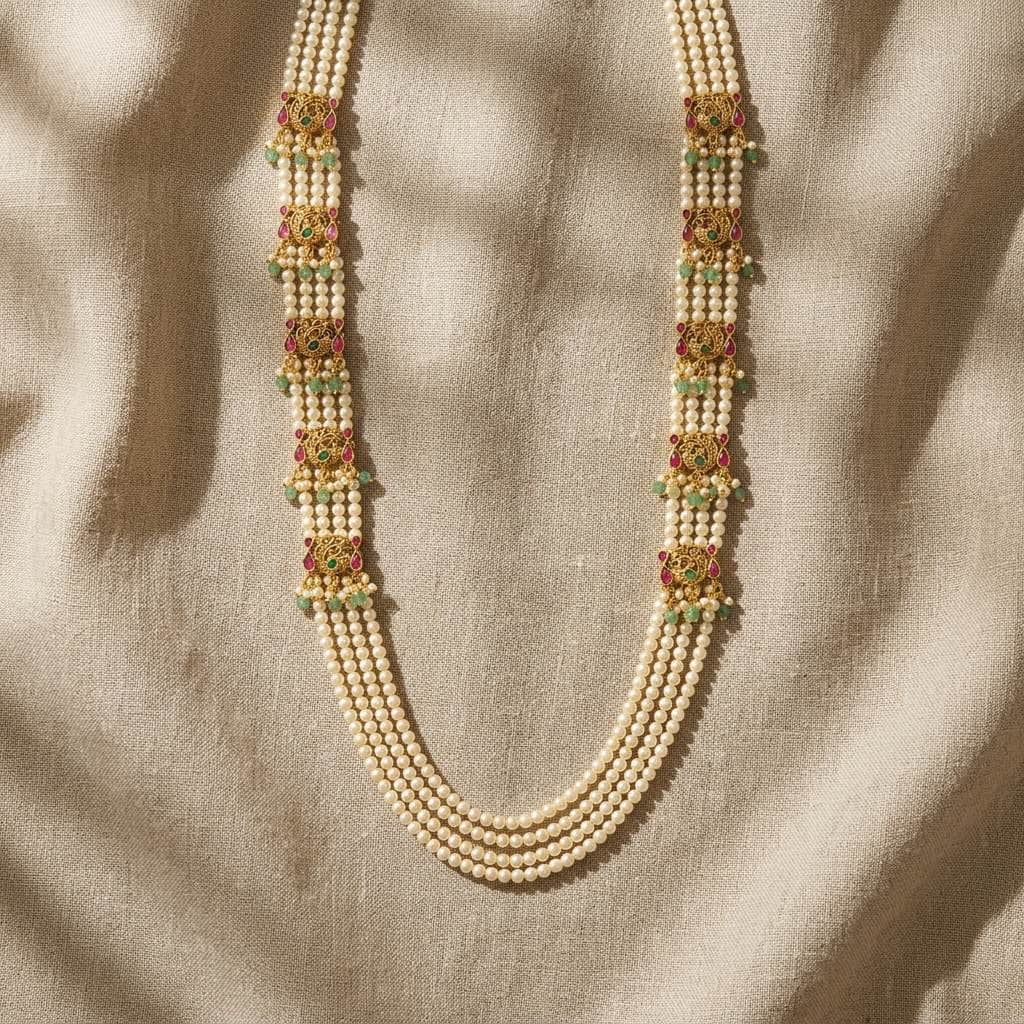 Mataari Necklaces Pearl Layered Peacock Antique Gold Wedding Necklace with Ruby & Emerald Accents