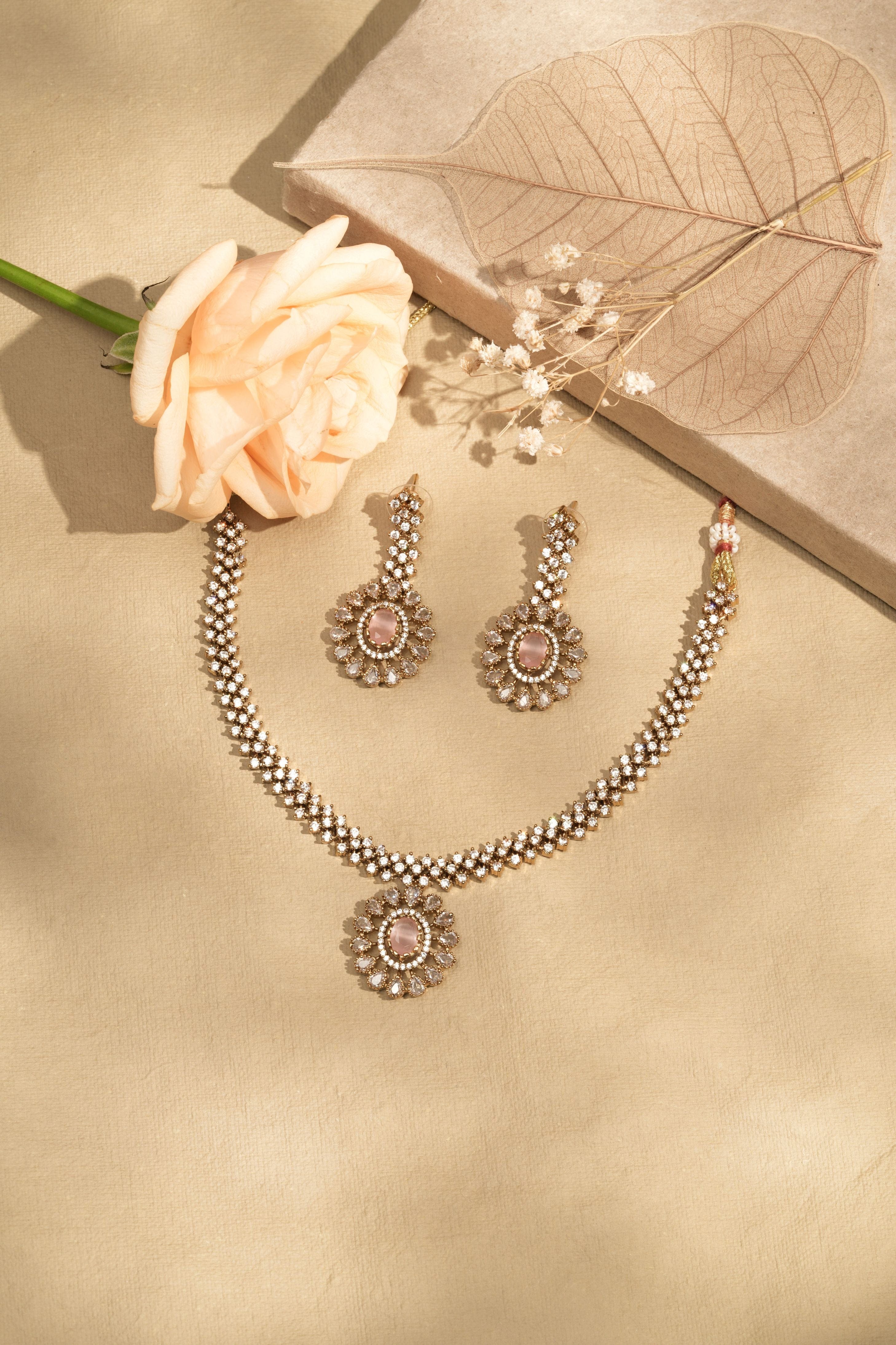 Mataari Necklaces Antique Glimmer Single Drop CZ Necklace & Earrings Set | Pink, Crystal & Green | 18K Gold Tone | Oxidized Indian Jewelry