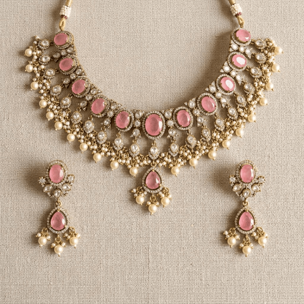 Mataari Necklaces Antique Gold Mint Kundan Polki Teardrop Pearl Beaded Necklace