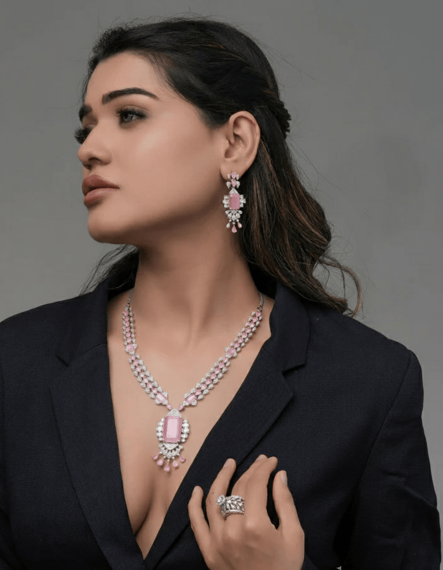 Mataari Necklaces Elegant Green Teardrop Necklace & Earrings Set | Rhodium | Indian Jewelry | Mataari