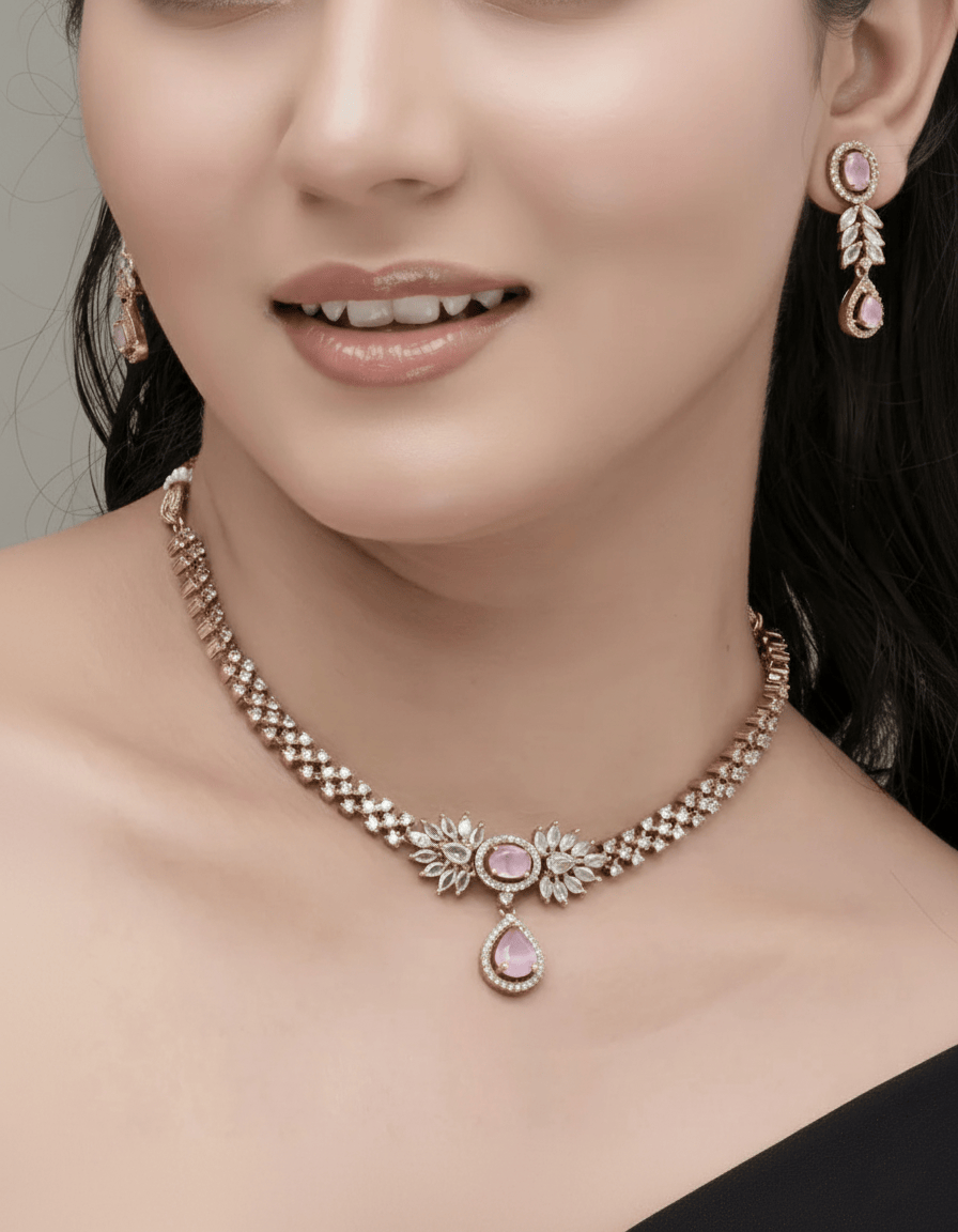 Mataari Necklaces Emerald Dew Adjustable CZ Necklace & Earrings Set | Multi-Color: Green, Red, Pink & Blue | 22K Gold Tone | Indian Bridal Jewelry