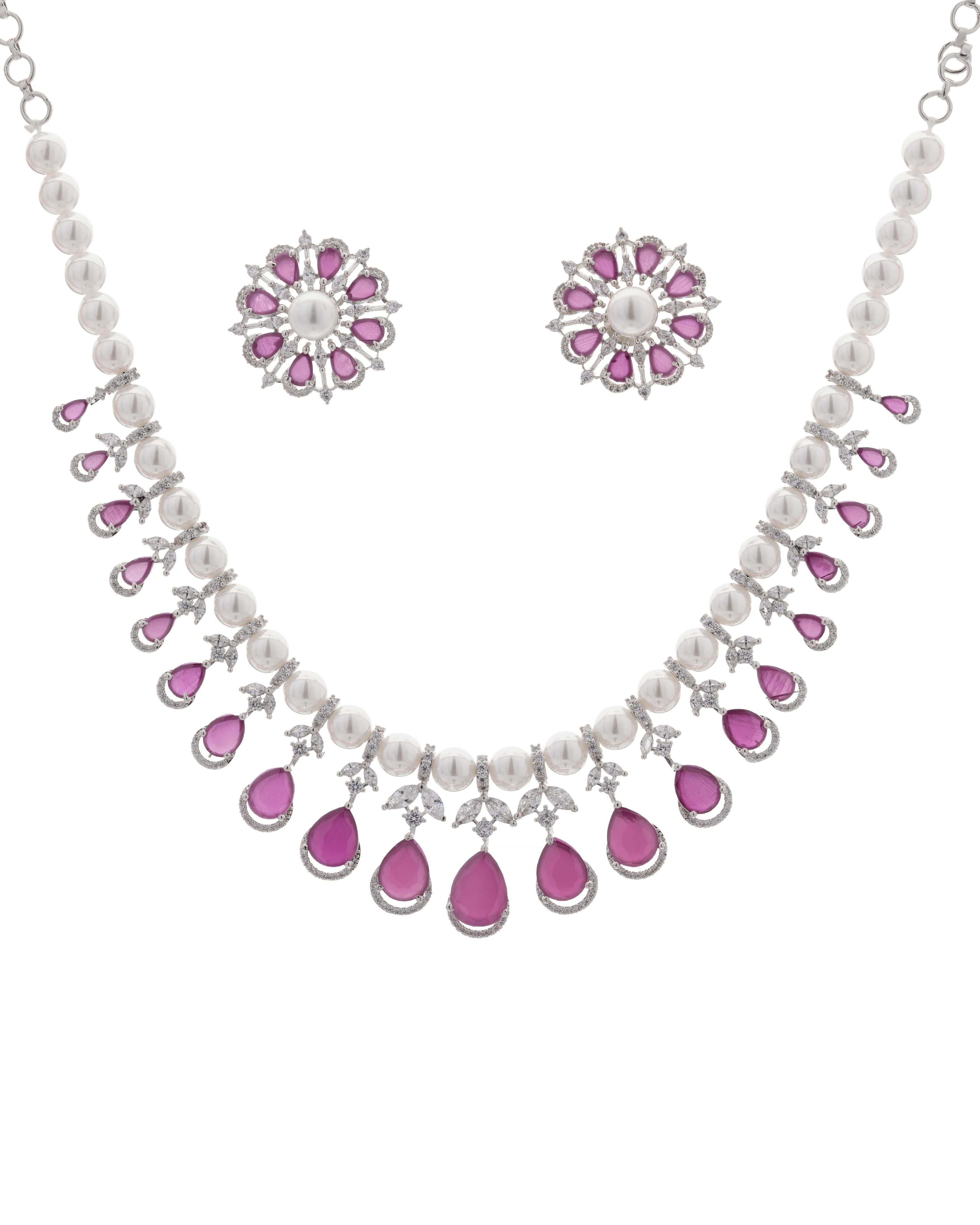 Mataari Necklaces Emerald Green Pearl Glow Necklace & Earrings | CZ | Indian Jewelry | Mataari