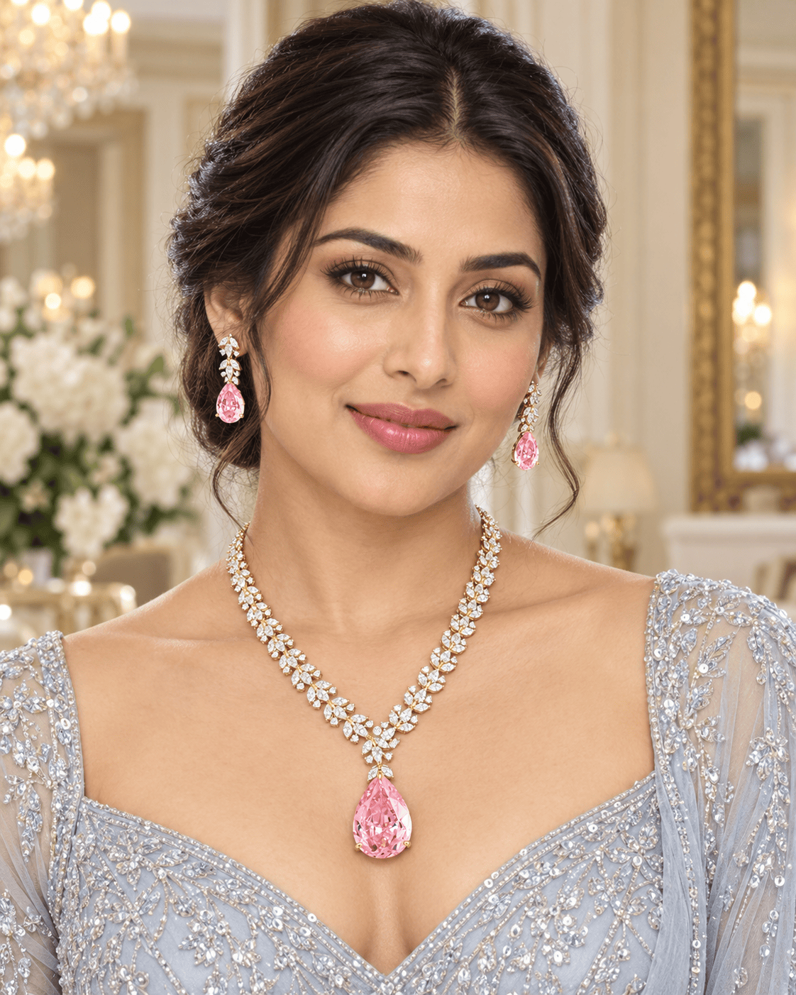 Mataari Necklaces Gold Plated Crystal Cubic Zirconia Bridal Necklace with Ruby & Rose Quartz Accents