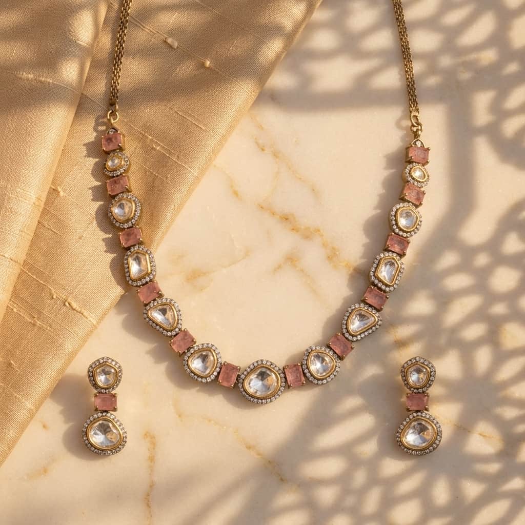 Mataari Necklaces Moissanite Kundan Polki Wedding Bridal Necklace with Drop Earrings