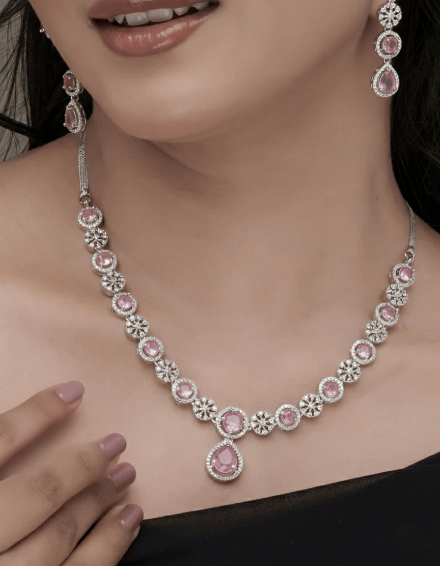 Mataari Necklaces Ruby Floral Halo Necklace & Earring Set | Rhodium | Indian Jewelry | Mataari