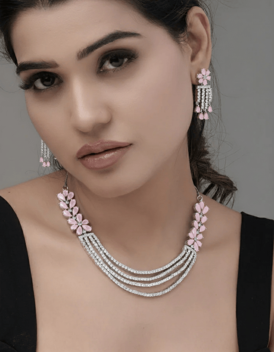 Mataari Necklaces Ruby Regal Quad CZ Blossom Choker Necklace | Rhodium | Indian Jewelry | Mataari