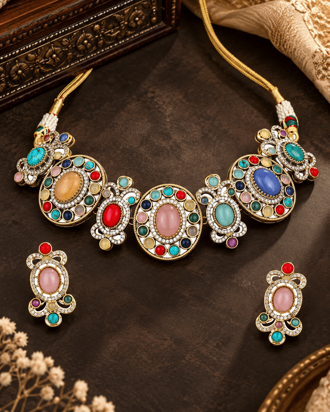 Mataari Necklaces Vaidehi Navratna Crystal CZ Gold Plated Choker Necklace Set