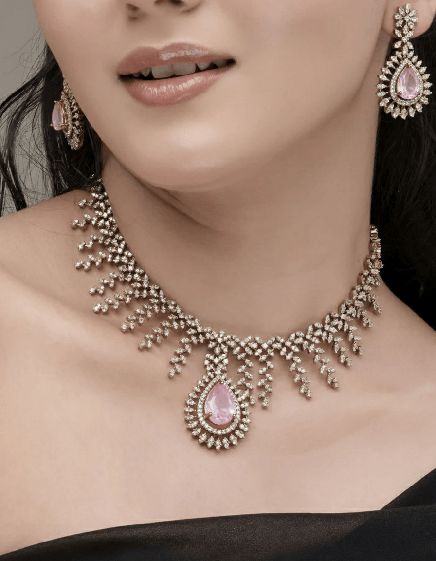 Mataari Necklaces Victorian Blushing Cascade Teardrop CZ Necklace & Earrings Set | Rose Pink & Ruby Red | 18K Gold Tone | Bridal Indian Jewelry