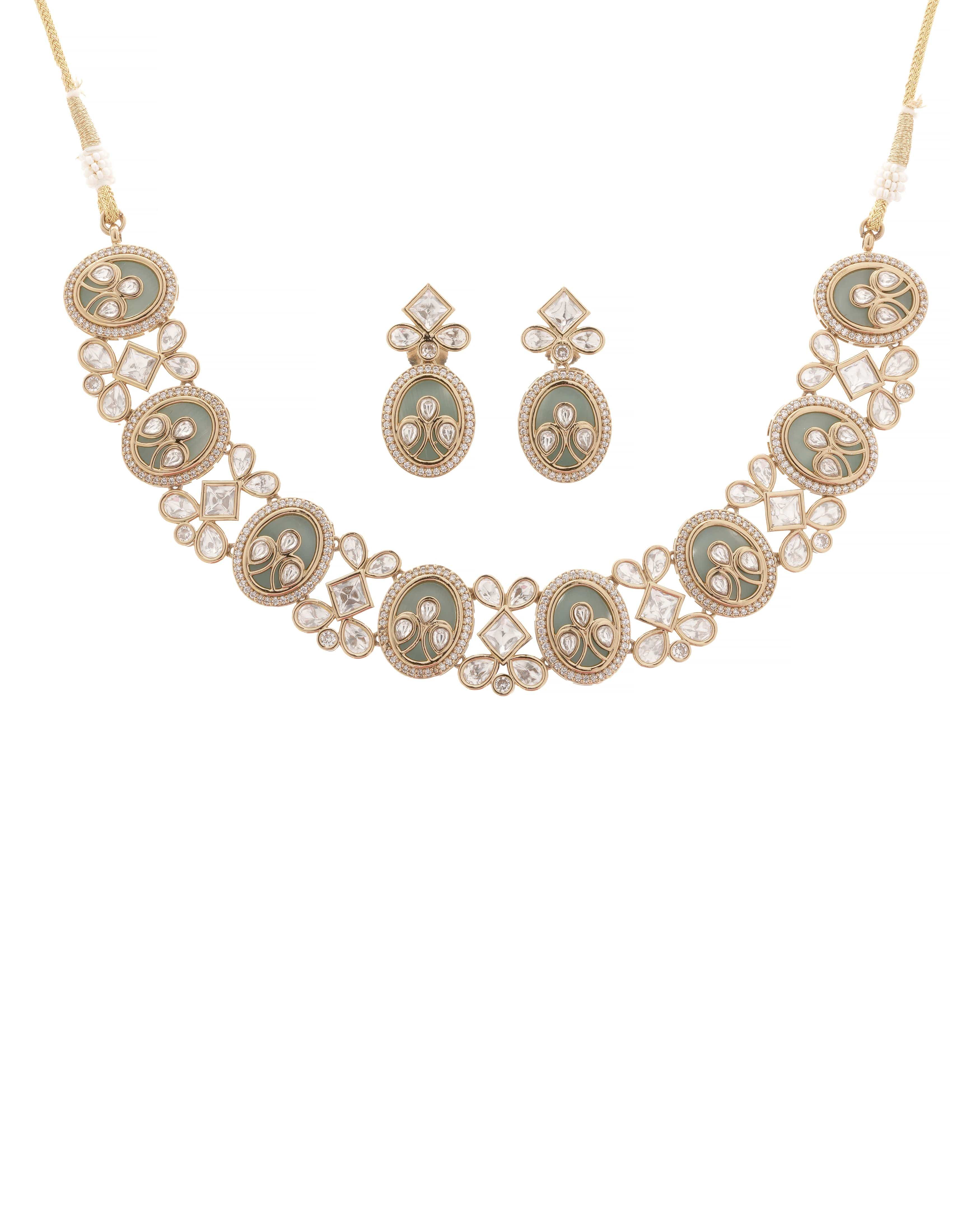 Mataari Necklaces Pistachio Bloom – 3D KUNDAN & CZ | CZ | Indian Jewelry | Mataari