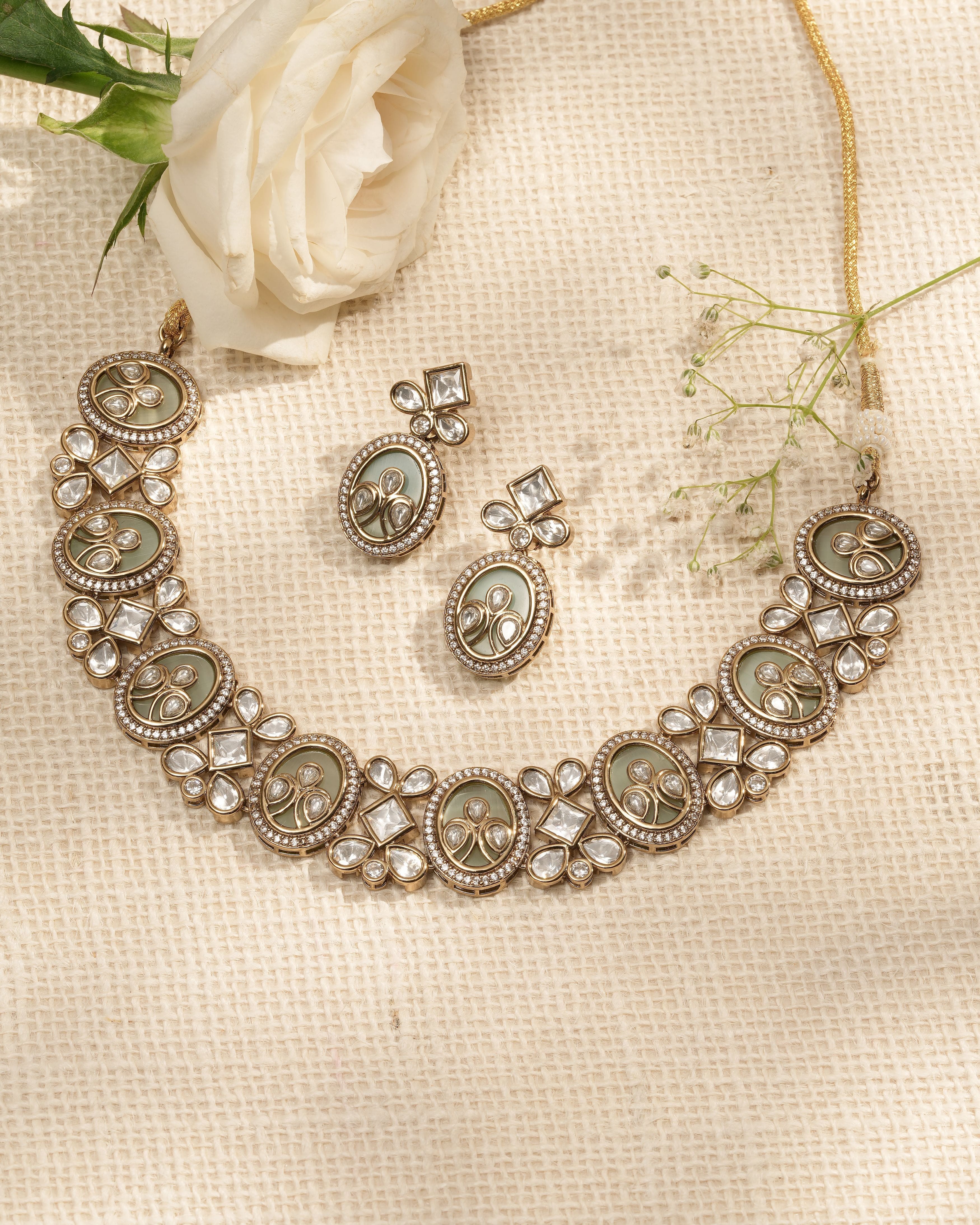 Mataari Necklaces Pistachio Bloom – 3D KUNDAN & CZ | CZ | Indian Jewelry | Mataari