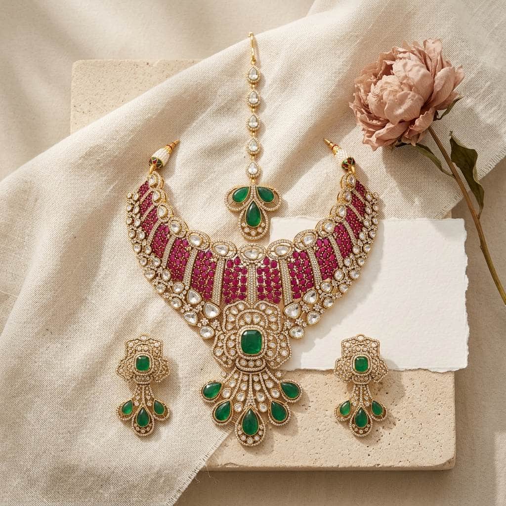 Mataari Necklaces Polki Kundan Antique Gold Cubic Zirconia Bridal Choker Necklace with Ruby & Emerald Accents