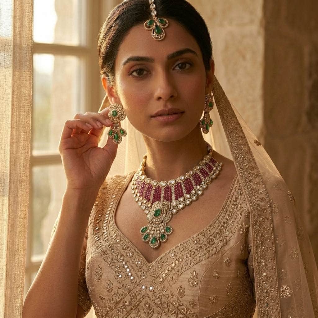 Mataari Necklaces Polki Kundan Antique Gold Cubic Zirconia Bridal Choker Necklace with Ruby & Emerald Accents