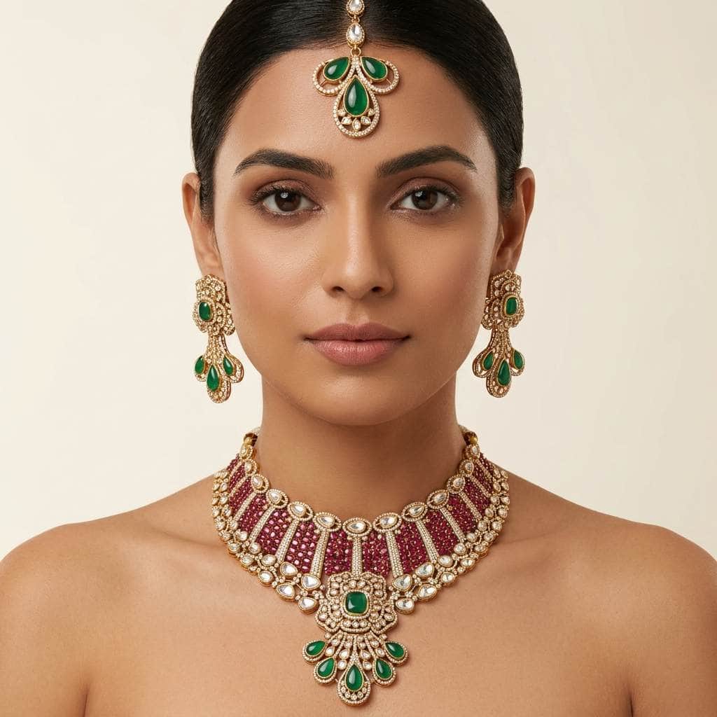 Mataari Necklaces Polki Kundan Antique Gold Cubic Zirconia Bridal Choker Necklace with Ruby & Emerald Accents