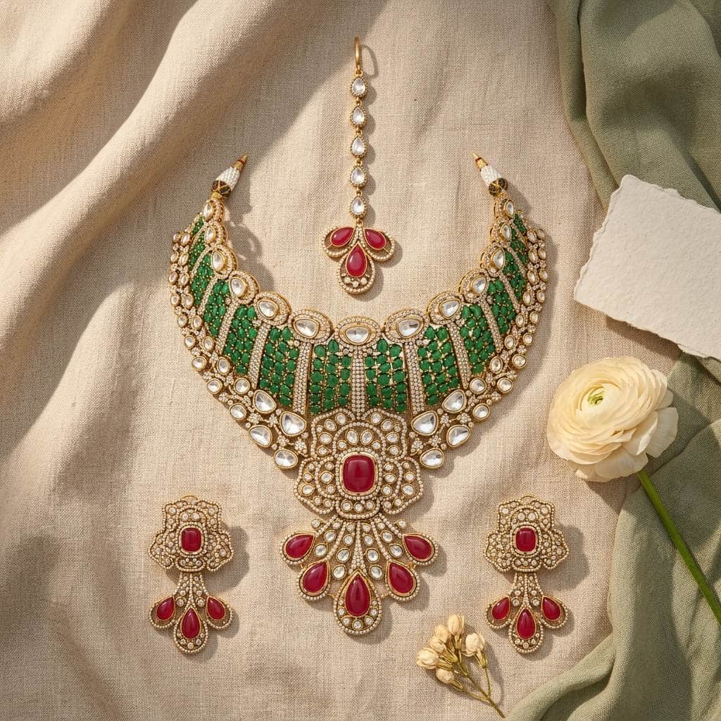 Mataari Necklaces Polki Kundan Antique Gold Cubic Zirconia Bridal Choker Necklace with Ruby & Emerald Accents
