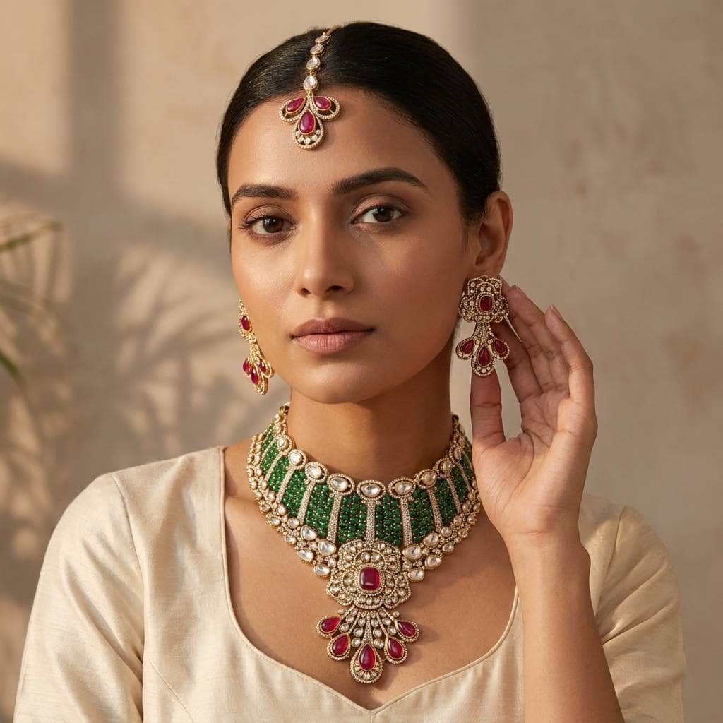 Mataari Necklaces Polki Kundan Antique Gold Cubic Zirconia Bridal Choker Necklace with Ruby & Emerald Accents