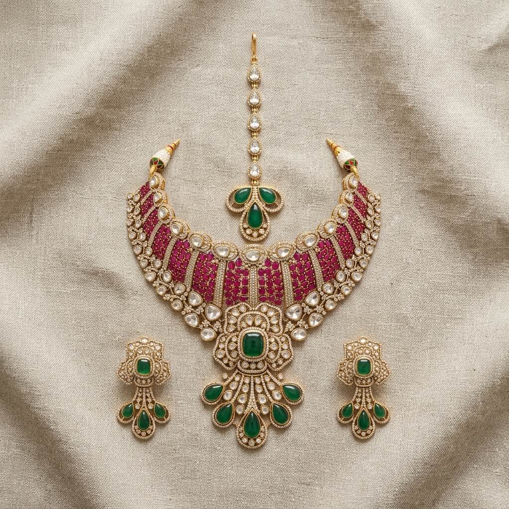 Mataari Necklaces Polki Kundan Antique Gold Cubic Zirconia Bridal Choker Necklace with Ruby & Emerald Accents