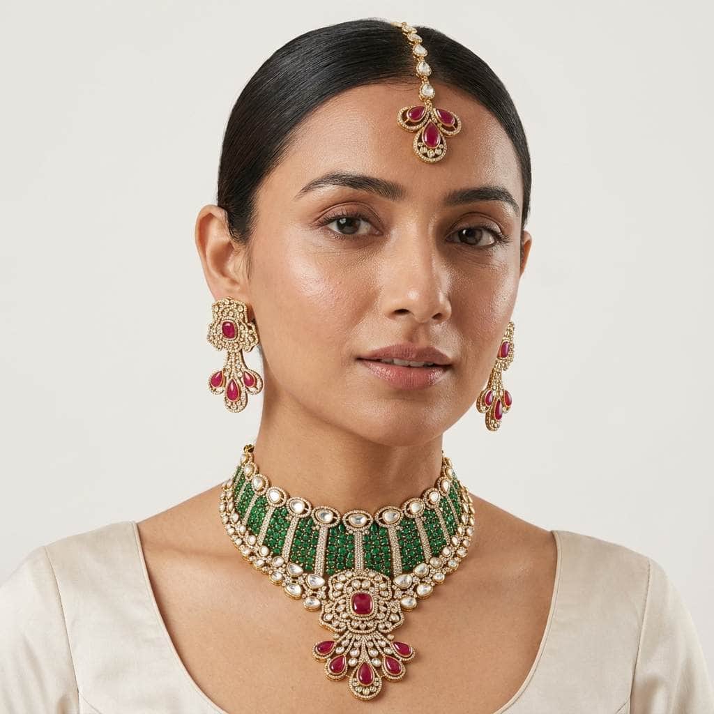 Mataari Necklaces Polki Kundan Antique Gold Cubic Zirconia Bridal Choker Necklace with Ruby & Emerald Accents