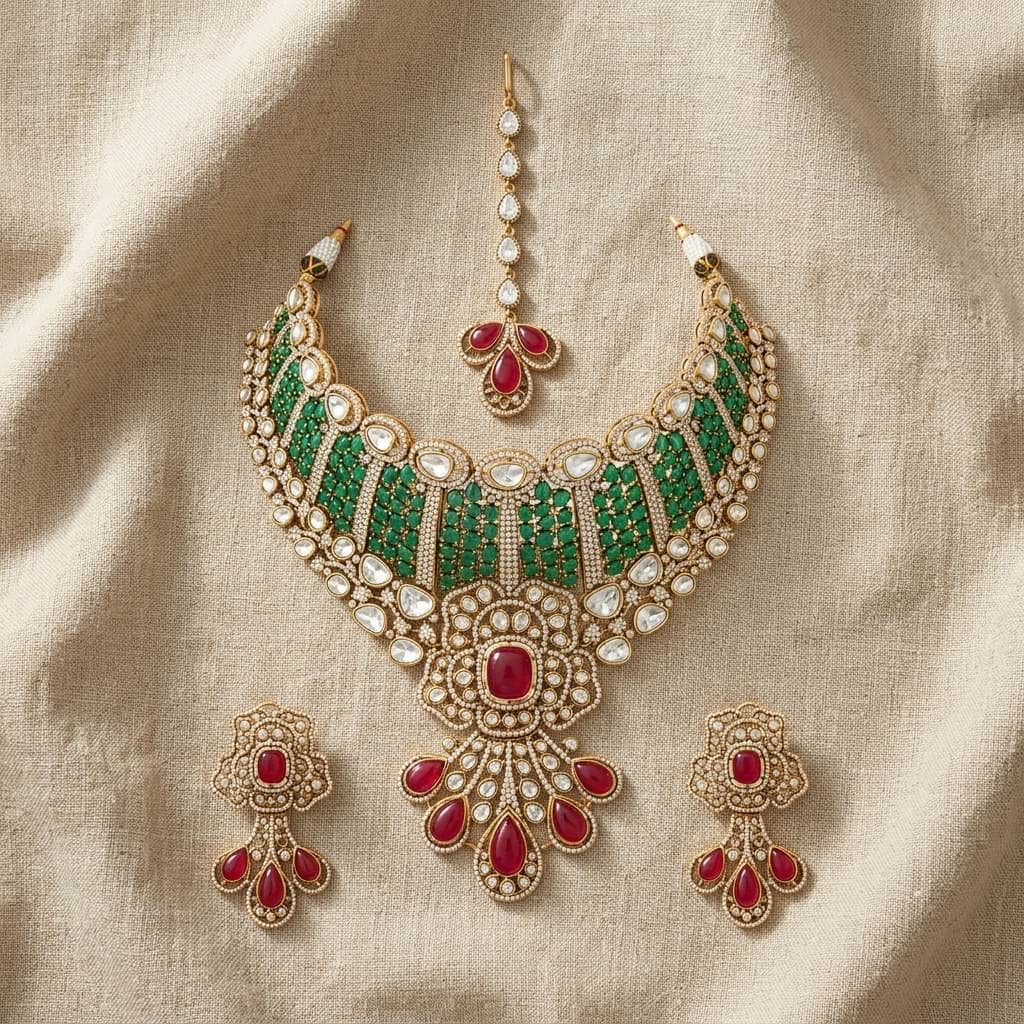 Mataari Necklaces Polki Kundan Antique Gold Cubic Zirconia Bridal Choker Necklace with Ruby & Emerald Accents