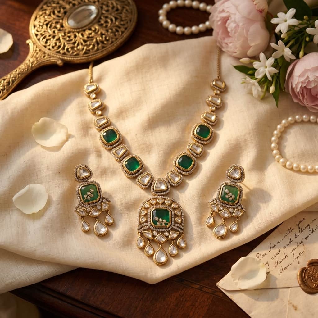 Mataari Necklaces Polki Kundan Gold Plated Moissanite Wedding Necklace with Ruby & Emerald