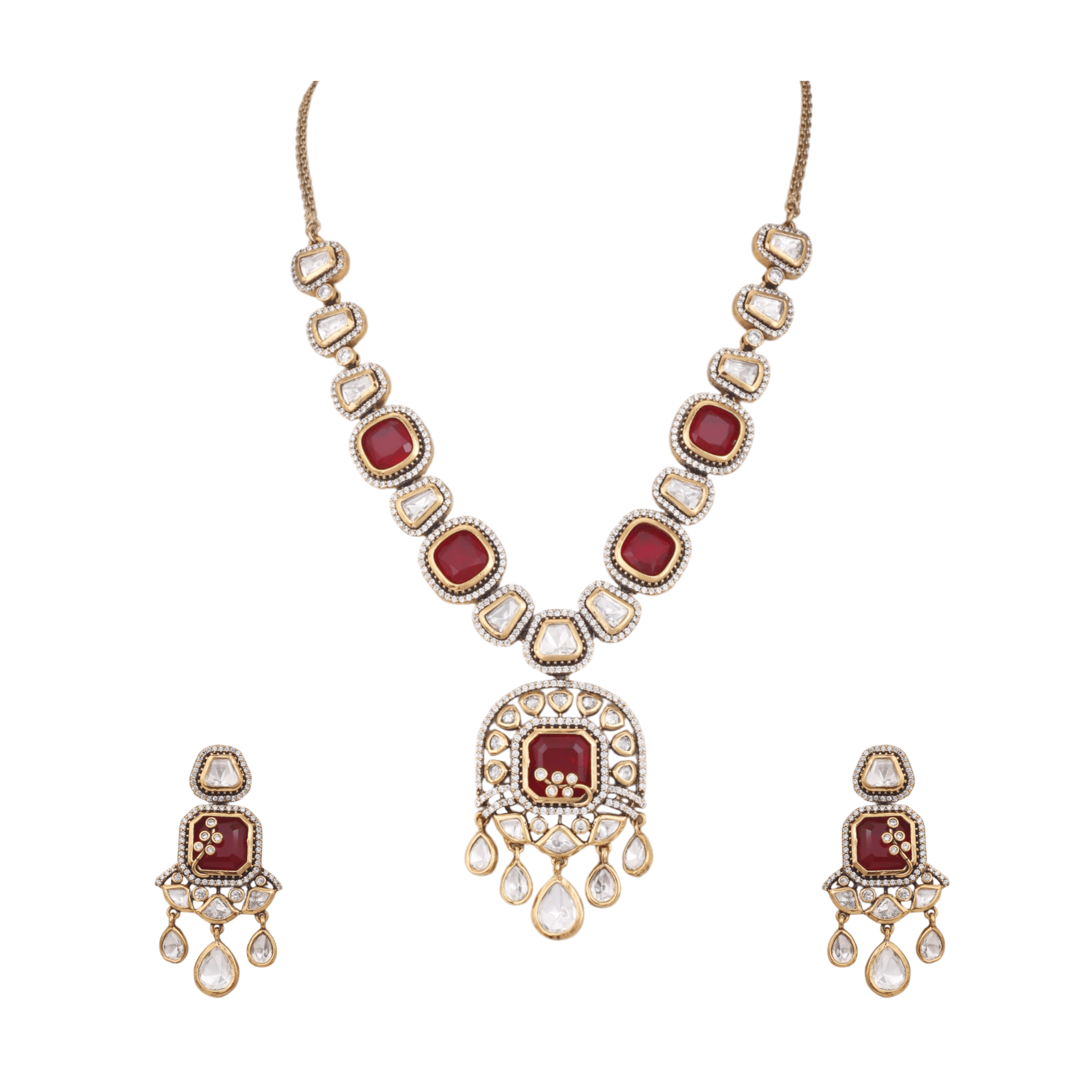 Mataari Necklaces Polki Kundan Gold Plated Moissanite Wedding Necklace with Ruby & Emerald