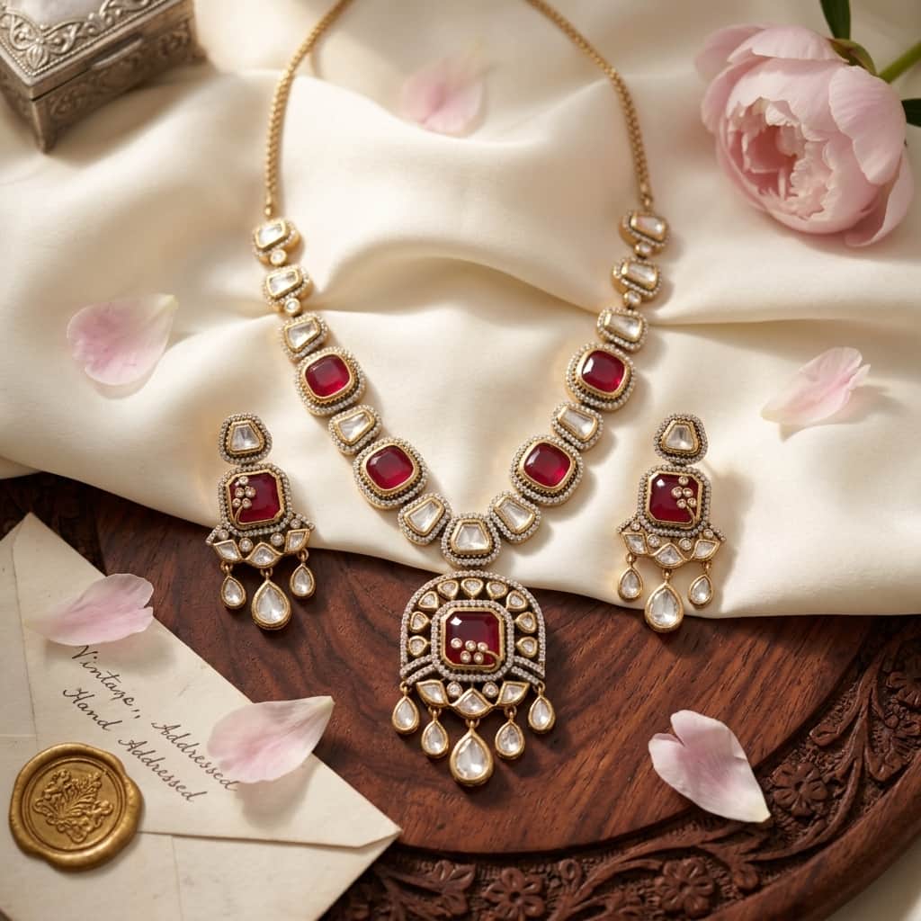 Mataari Necklaces Polki Kundan Gold Plated Moissanite Wedding Necklace with Ruby & Emerald