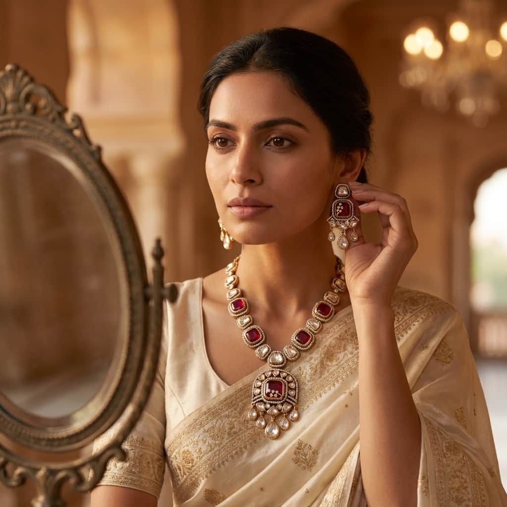 Mataari Necklaces Polki Kundan Gold Plated Moissanite Wedding Necklace with Ruby & Emerald
