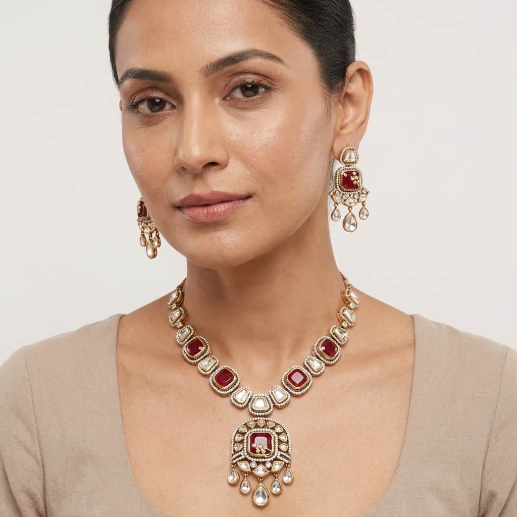 Mataari Necklaces Polki Kundan Gold Plated Moissanite Wedding Necklace with Ruby & Emerald