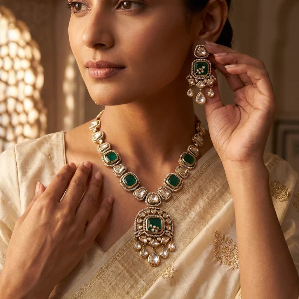 Mataari Necklaces Polki Kundan Gold Plated Moissanite Wedding Necklace with Ruby & Emerald