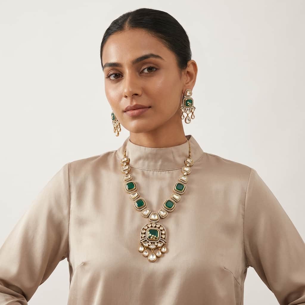 Mataari Necklaces Polki Kundan Gold Plated Moissanite Wedding Necklace with Ruby & Emerald