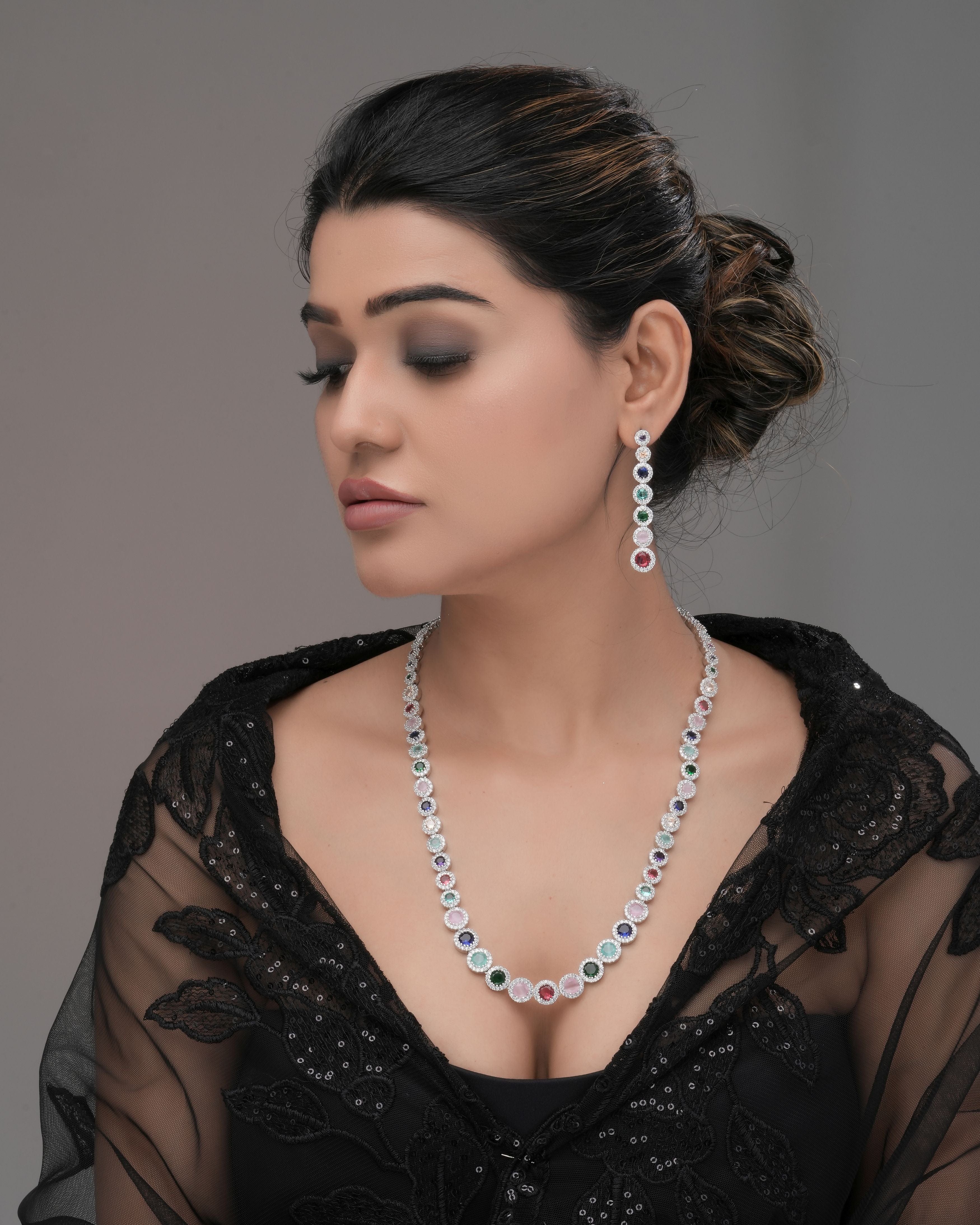 Mataari Necklaces Prismatic Radiance CZ Gem Halo Necklace & | Rhodium | Indian Jewelry | Mataari