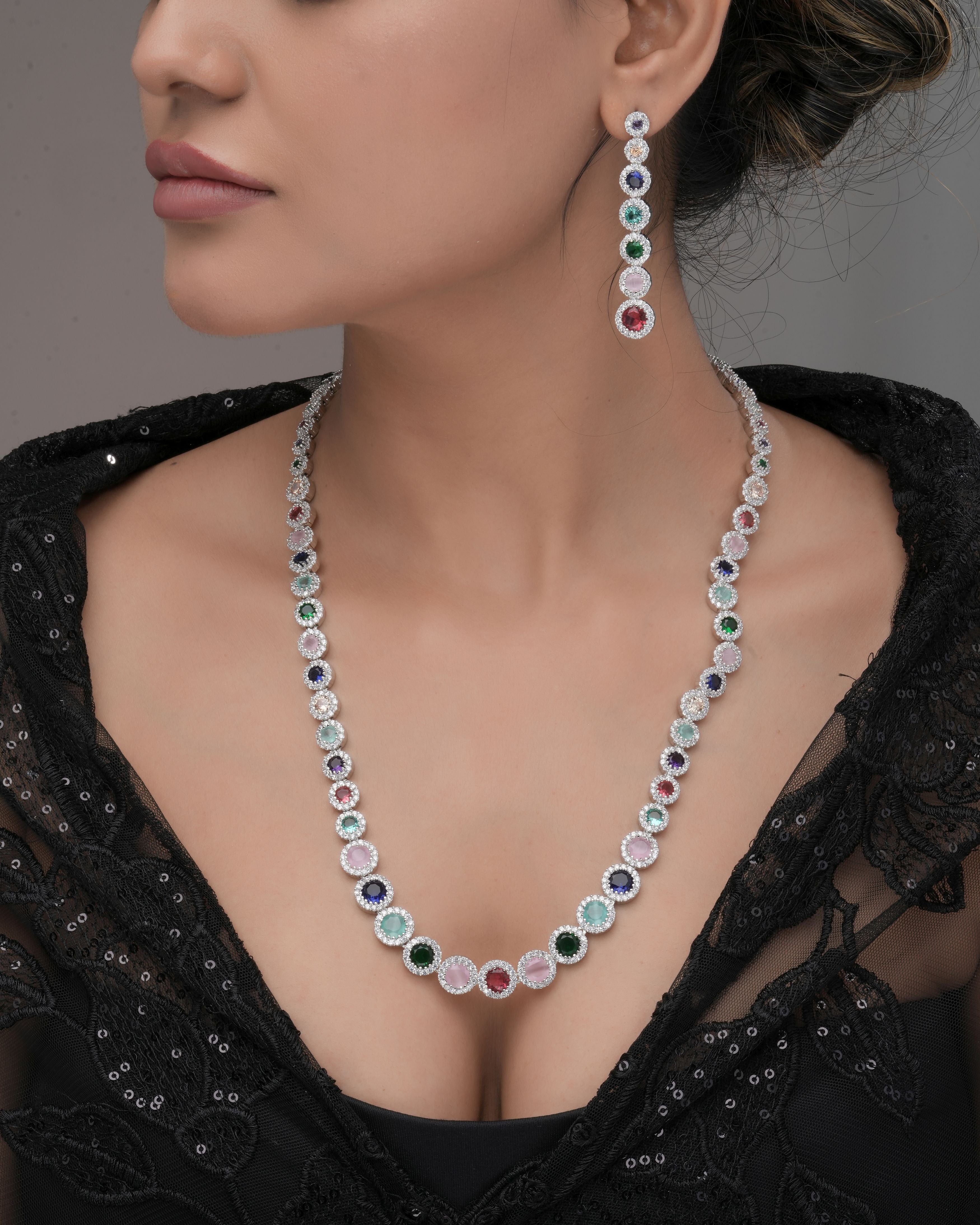 Mataari Necklaces Prismatic Radiance CZ Gem Halo Necklace & | Rhodium | Indian Jewelry | Mataari