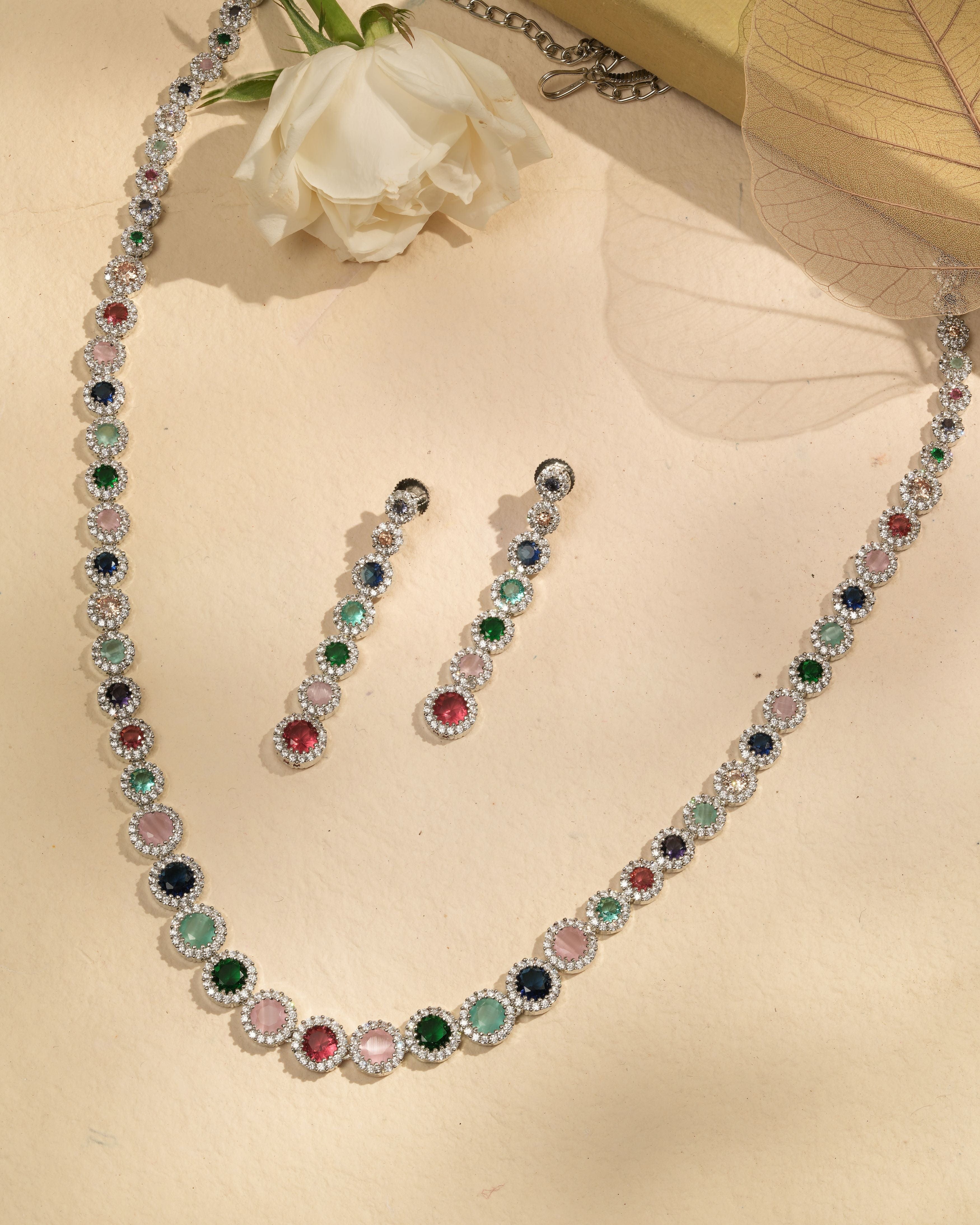 Mataari Necklaces Prismatic Radiance CZ Gem Halo Necklace & | Rhodium | Indian Jewelry | Mataari