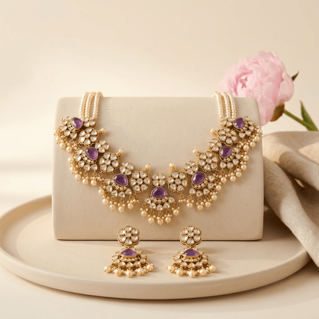 Mataari Necklaces Mint Cubic Zirconia Antique Gold Polki Pearl Choker Necklace for Wedding