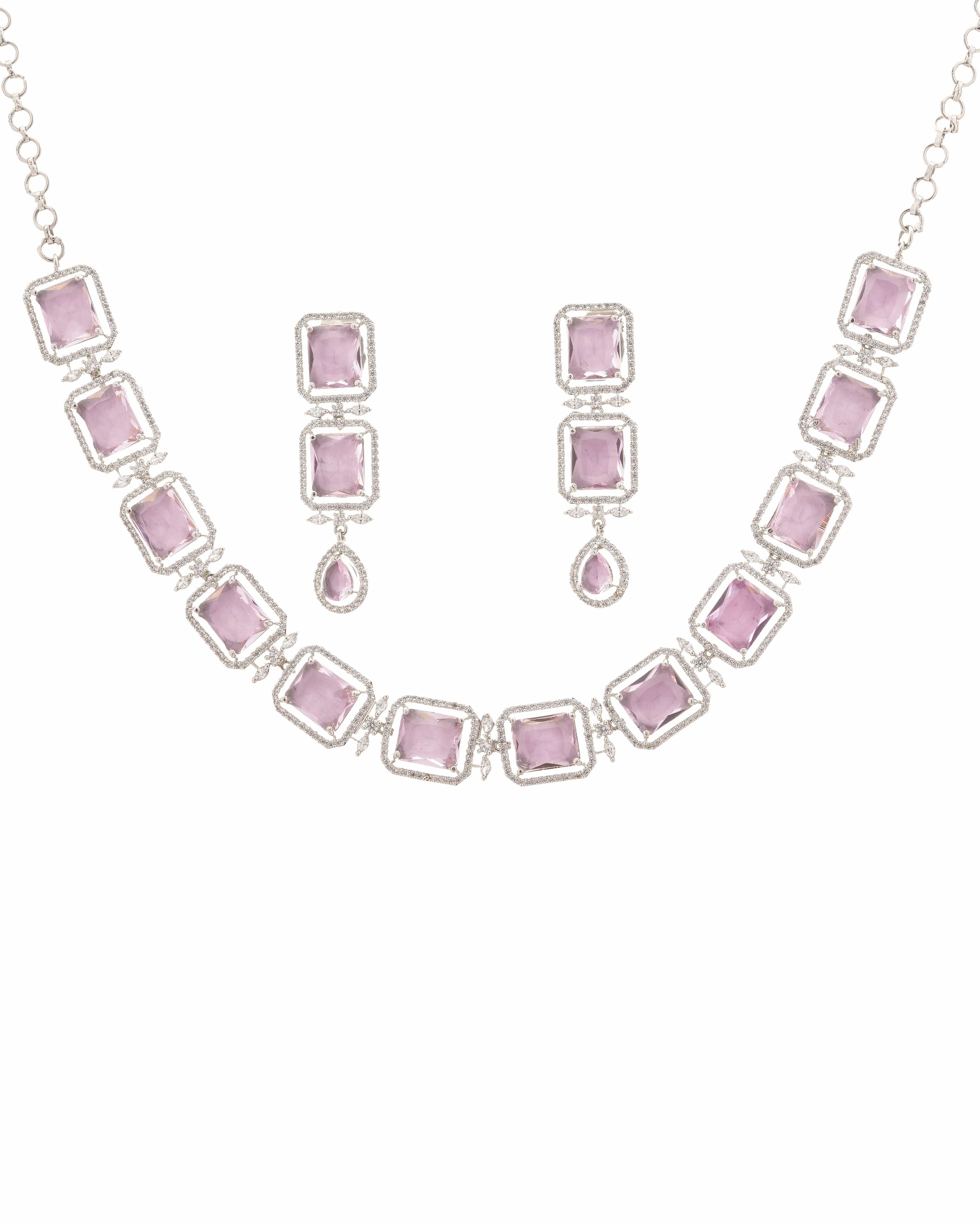 Mataari Necklaces Radiant Square-Cut Pink Stone Necklace with Matching | Rhodium | Indian Jewelry | Mataari
