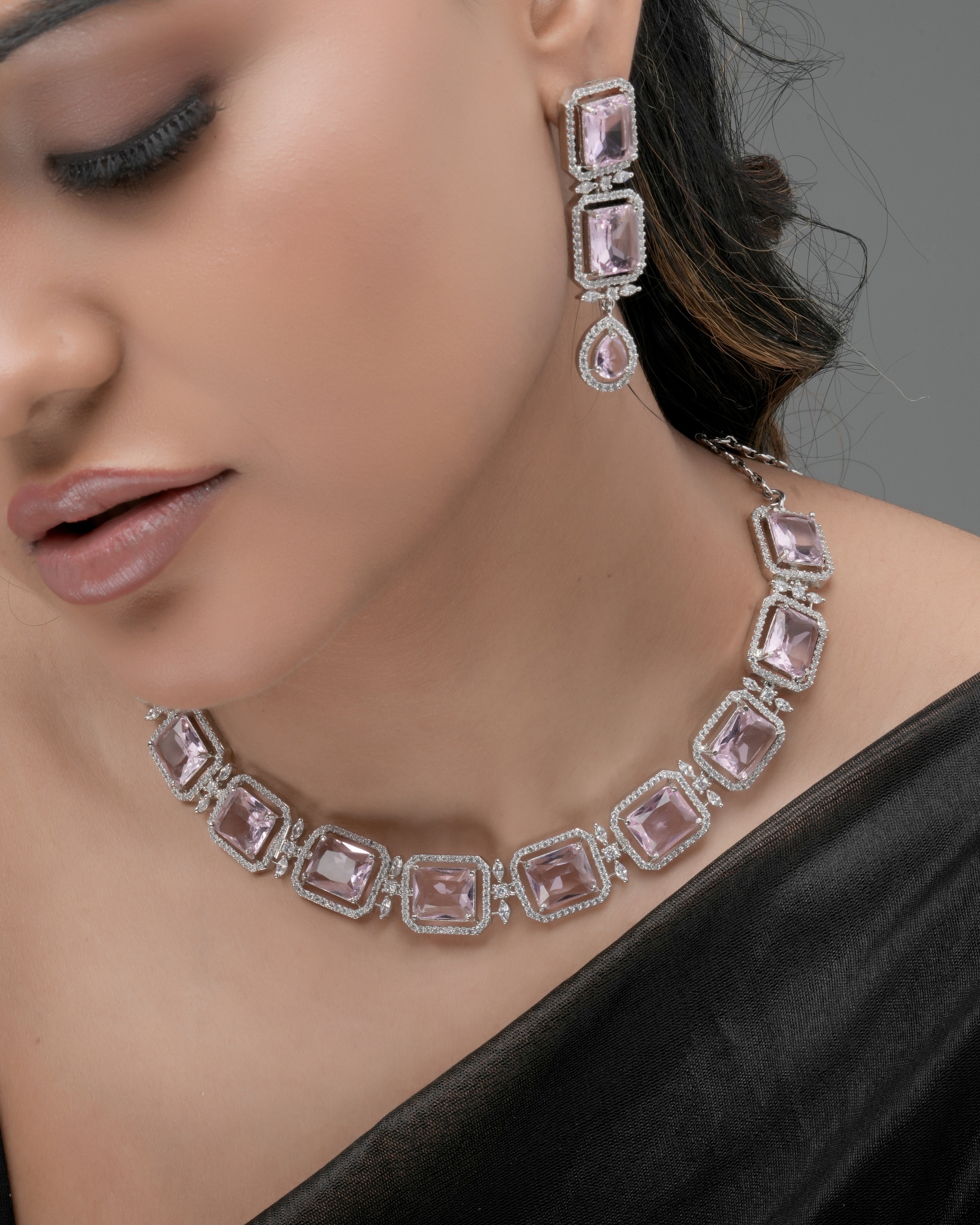 Mataari Necklaces Radiant Square-Cut Pink Stone Necklace with Matching | Rhodium | Indian Jewelry | Mataari
