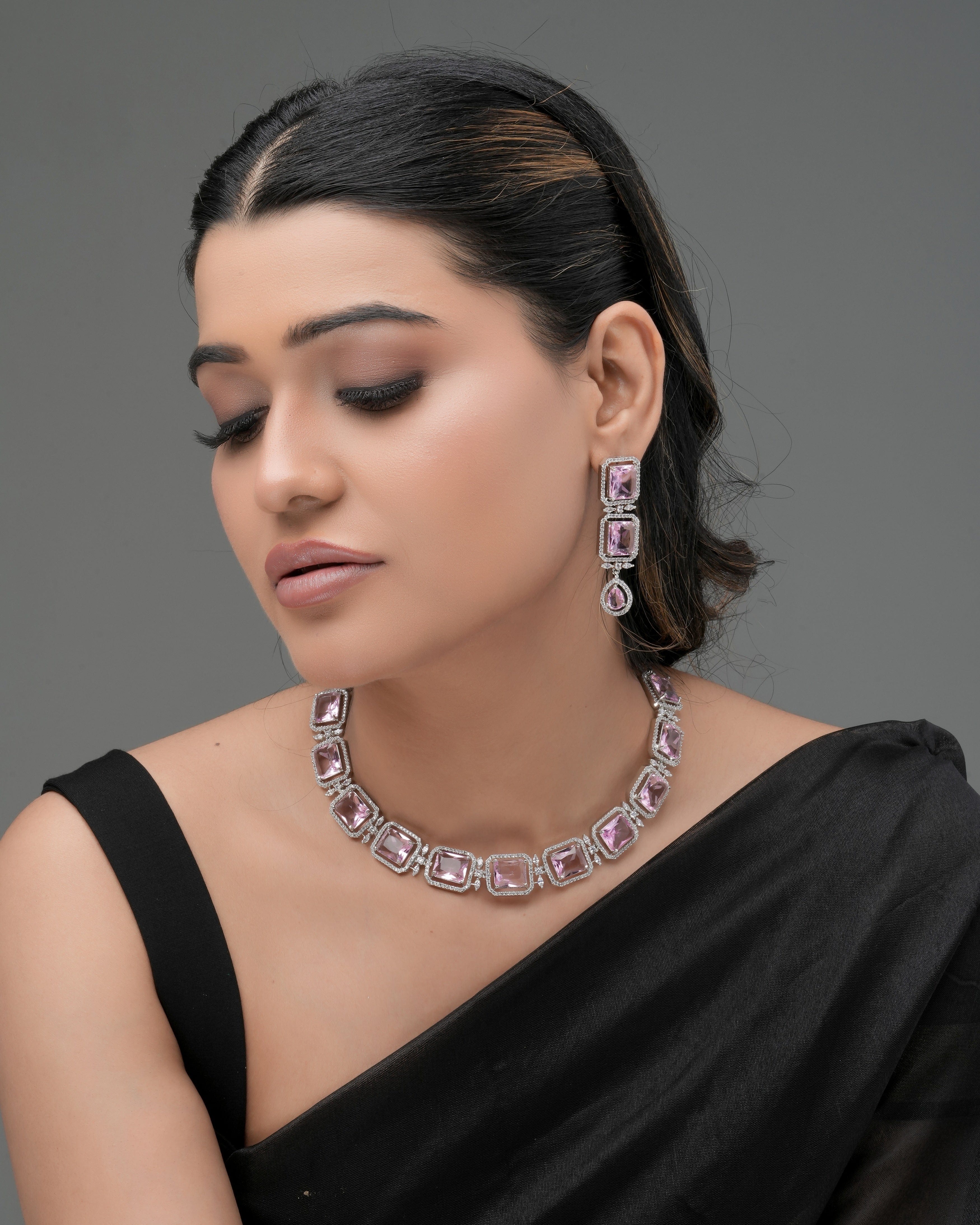 Mataari Necklaces Radiant Square-Cut Pink Stone Necklace with Matching | Rhodium | Indian Jewelry | Mataari