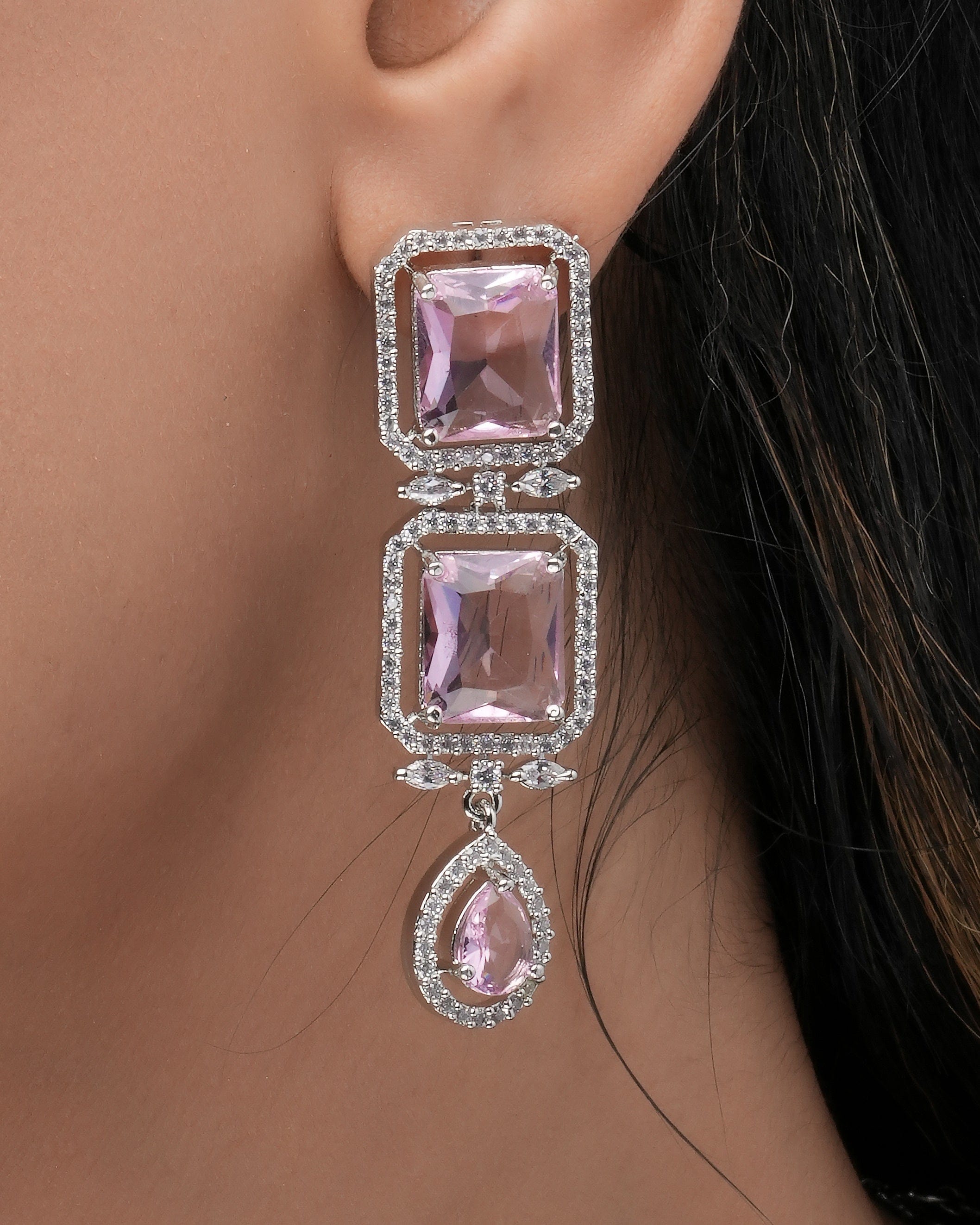 Mataari Necklaces Radiant Square-Cut Pink Stone Necklace with Matching | Rhodium | Indian Jewelry | Mataari