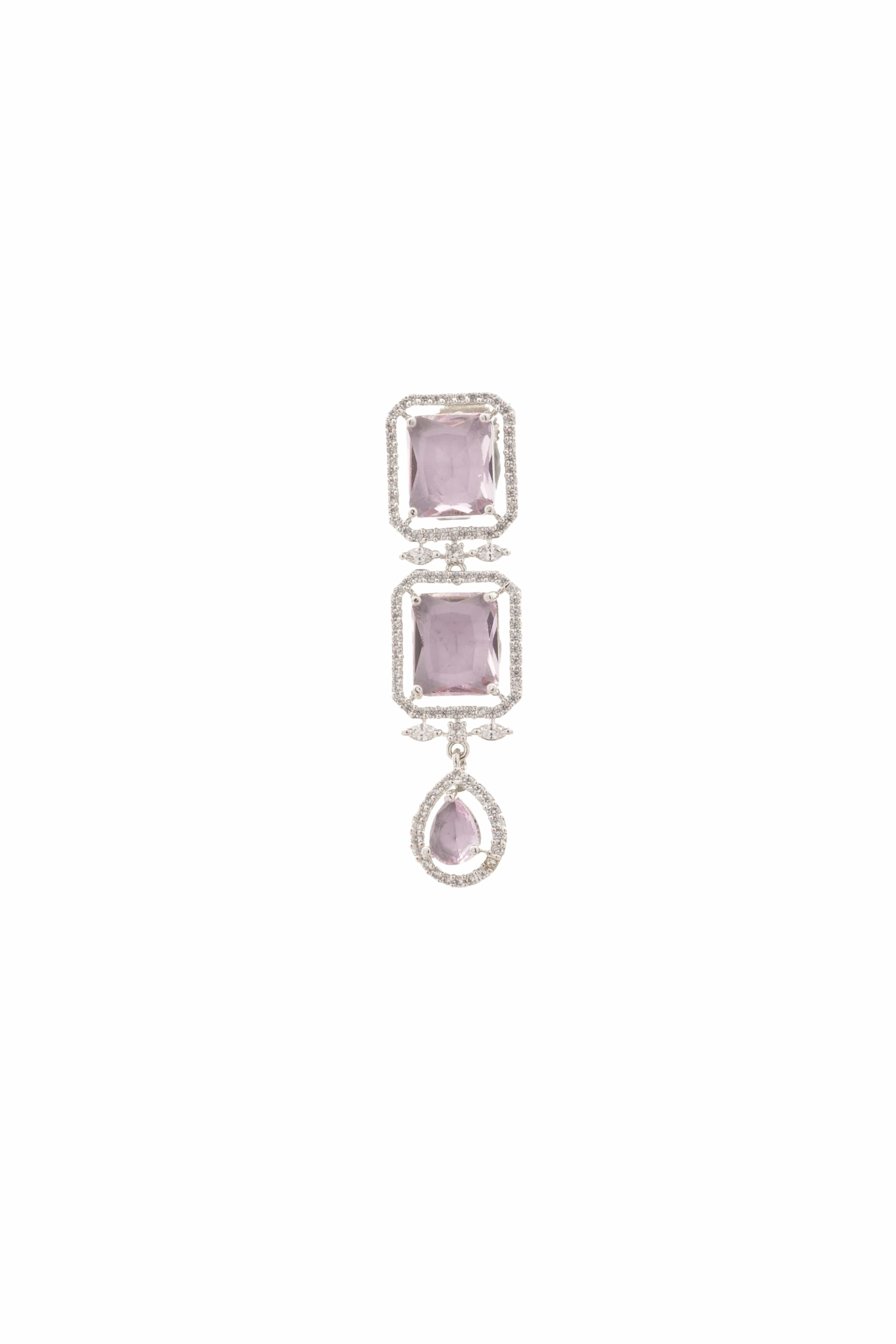 Mataari Necklaces Radiant Square-Cut Pink Stone Necklace with Matching | Rhodium | Indian Jewelry | Mataari
