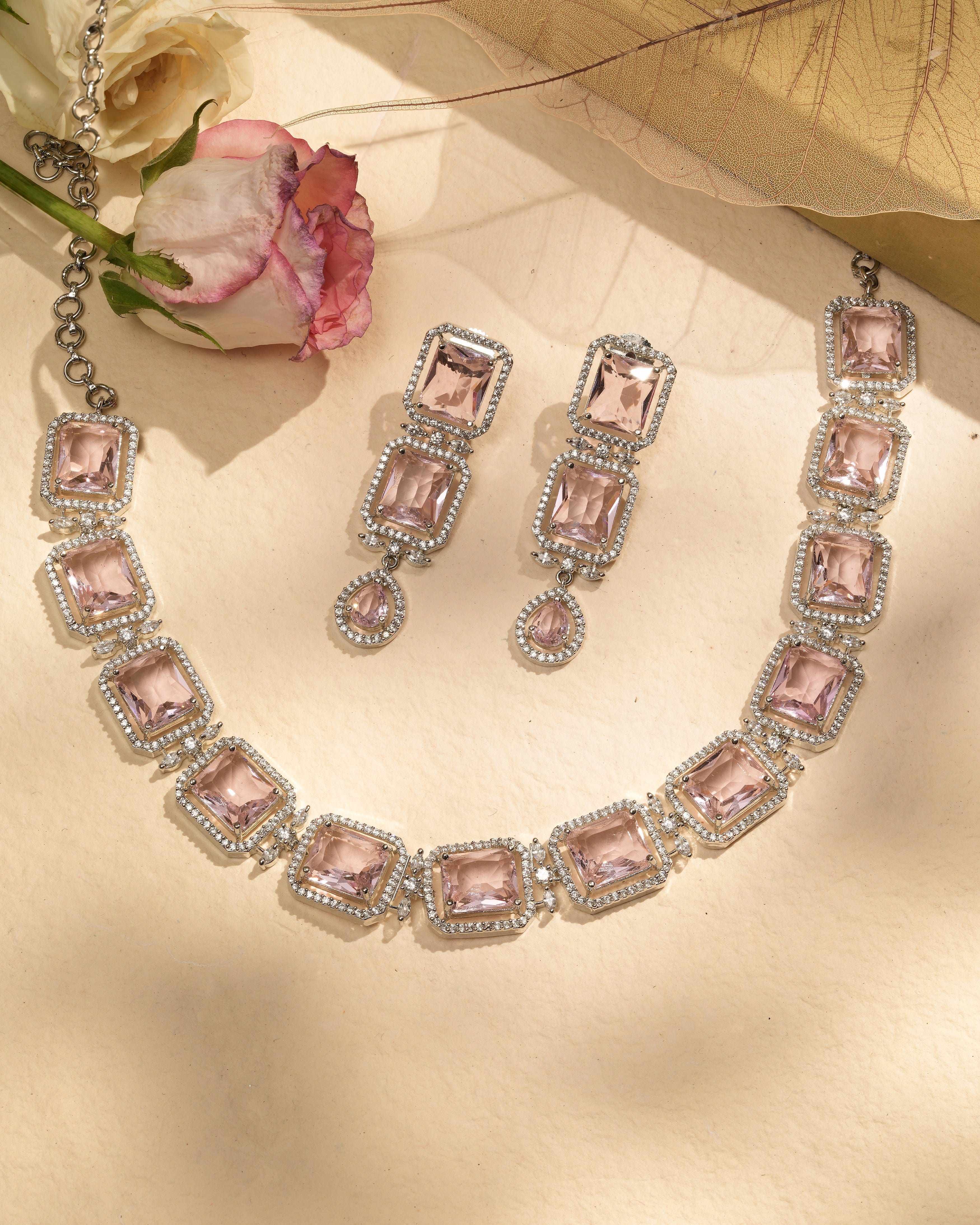 Mataari Necklaces Radiant Square-Cut Pink Stone Necklace with Matching | Rhodium | Indian Jewelry | Mataari