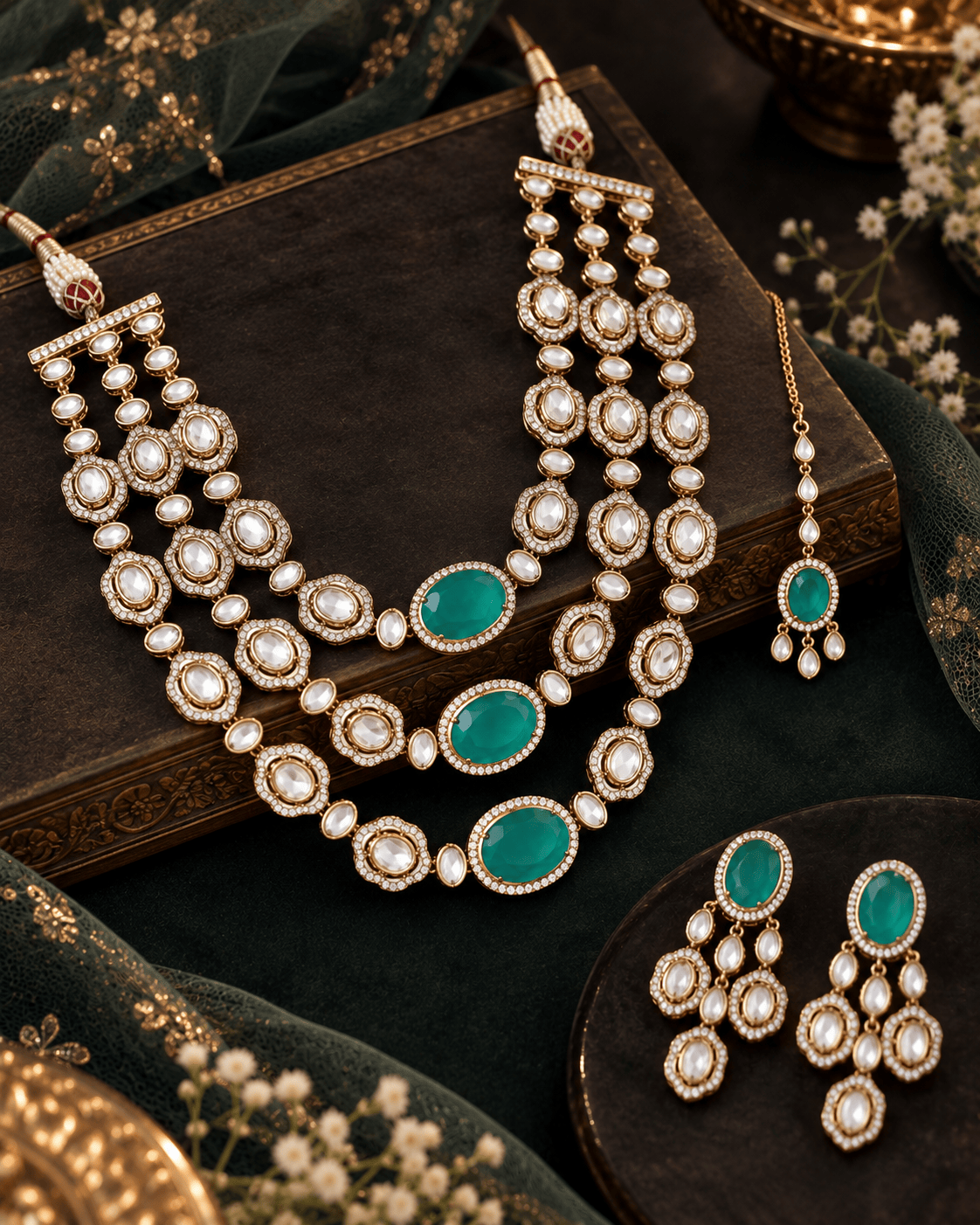 Mataari Necklaces Ragavi Gold Plated Oval Kundan Polki Layered Opal Necklace with Maang Tikka